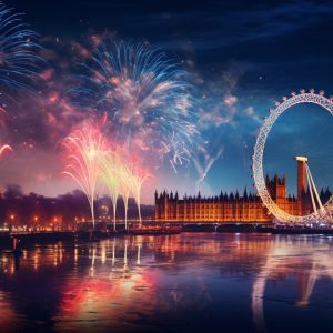 London eye in New year and firework theme winter season in paper art and craft design concept. Created using generative AI.